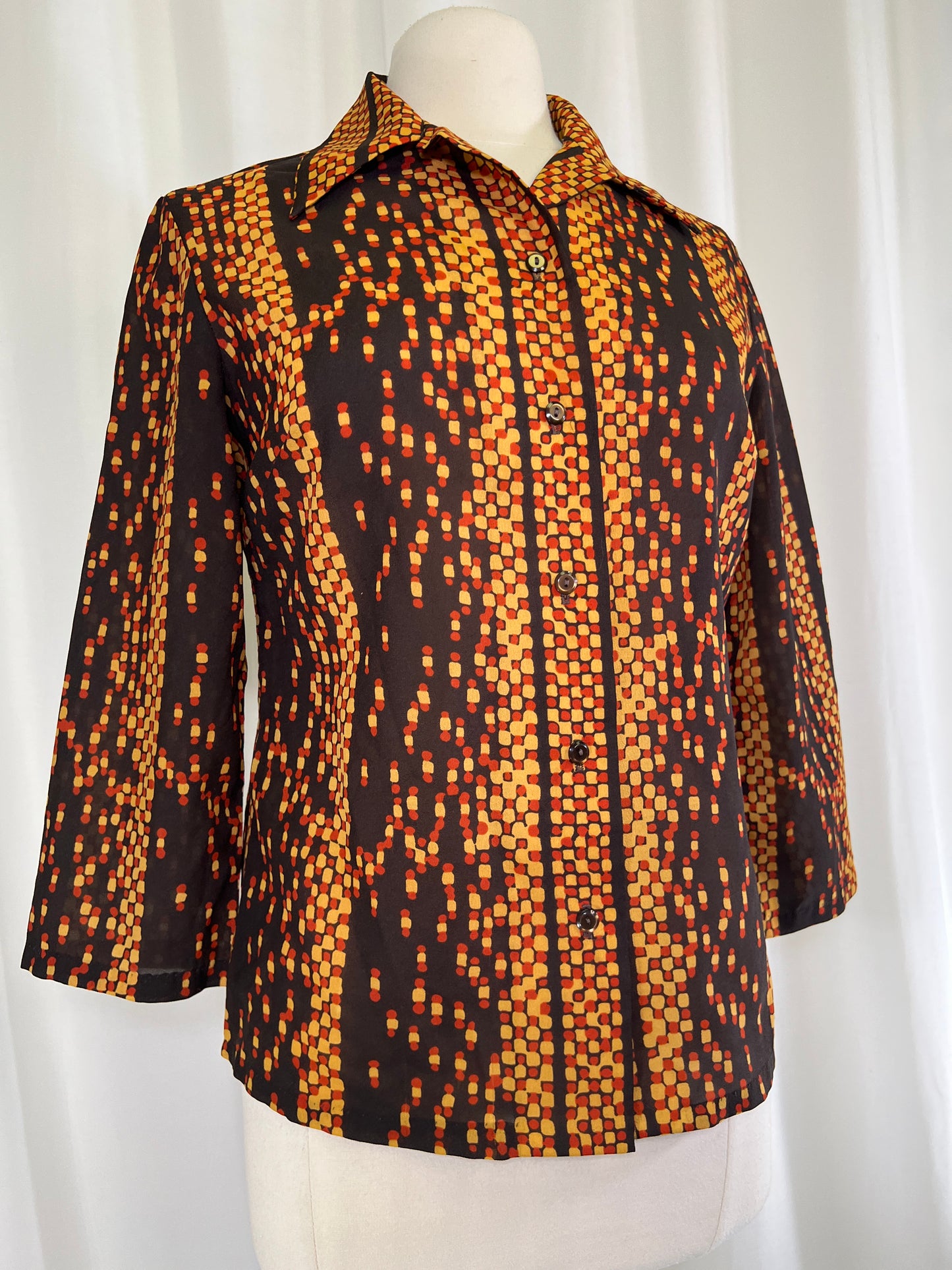 70s Alex Colman Abstract Brown and Orange Dagger Collar Blouse