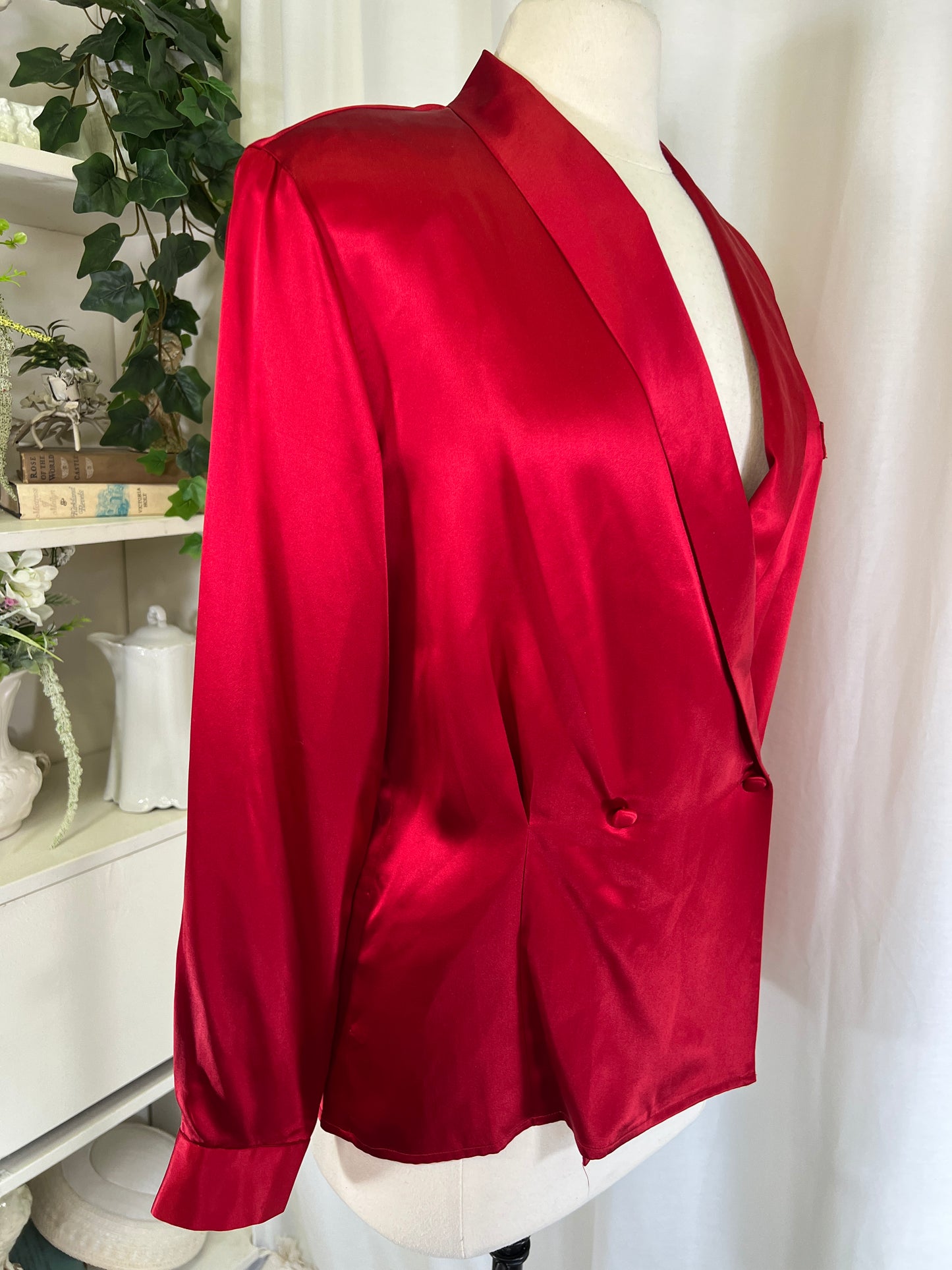 90s Anne Klein II Red Silk Double Breasted Blouse Jacket Blazer