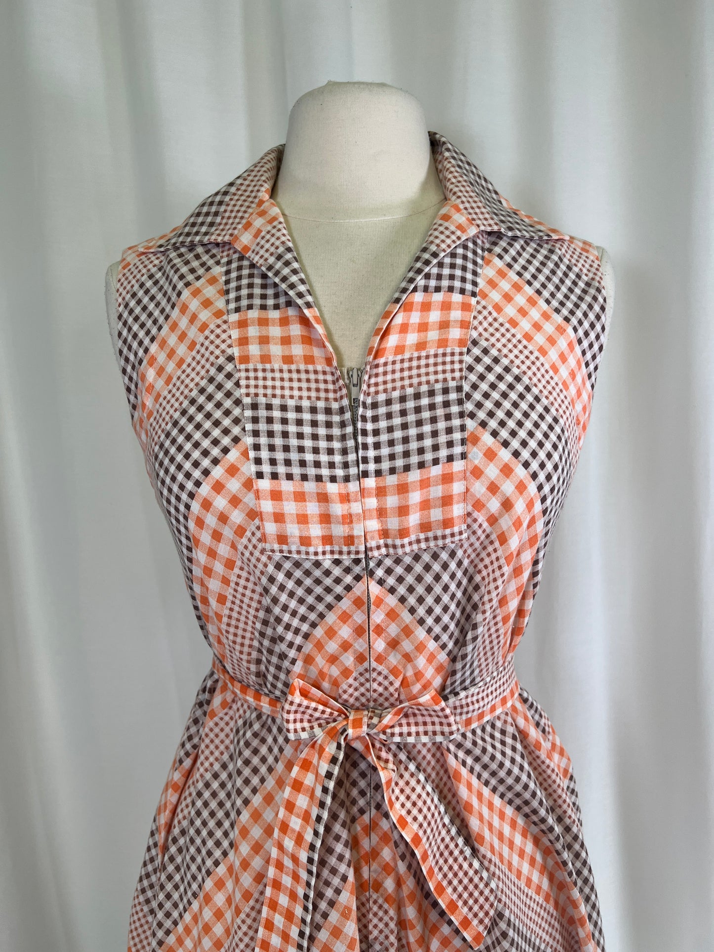 60s Brown and Orange Gingham Chevron House Dress