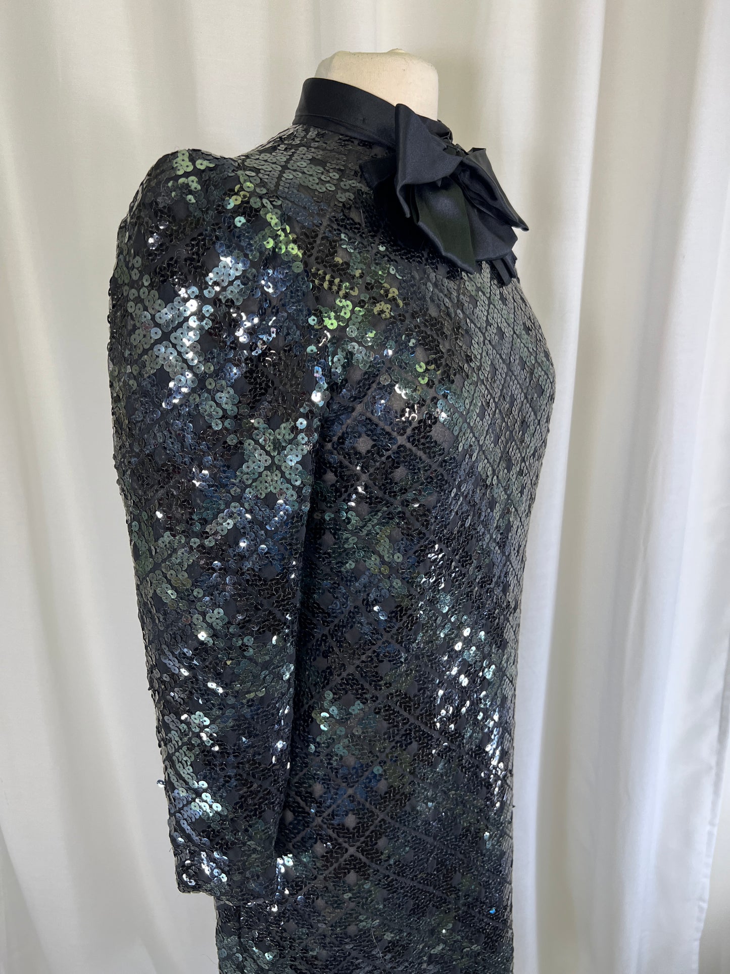 70s Amelia Gray Black Sequined Sheer Bow Neck Midi Dress