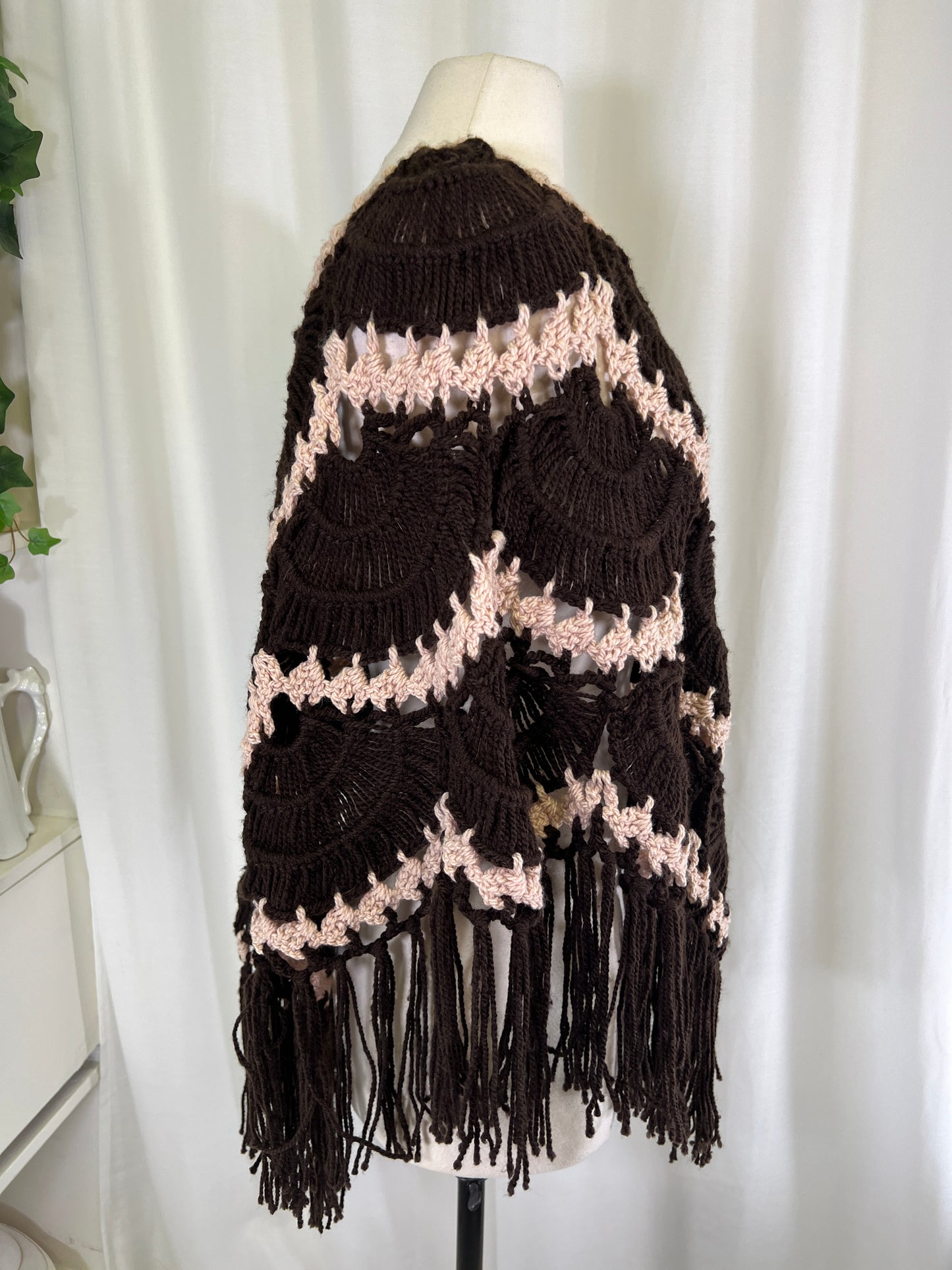 70s Cream and Brown Crochet Fringed Poncho