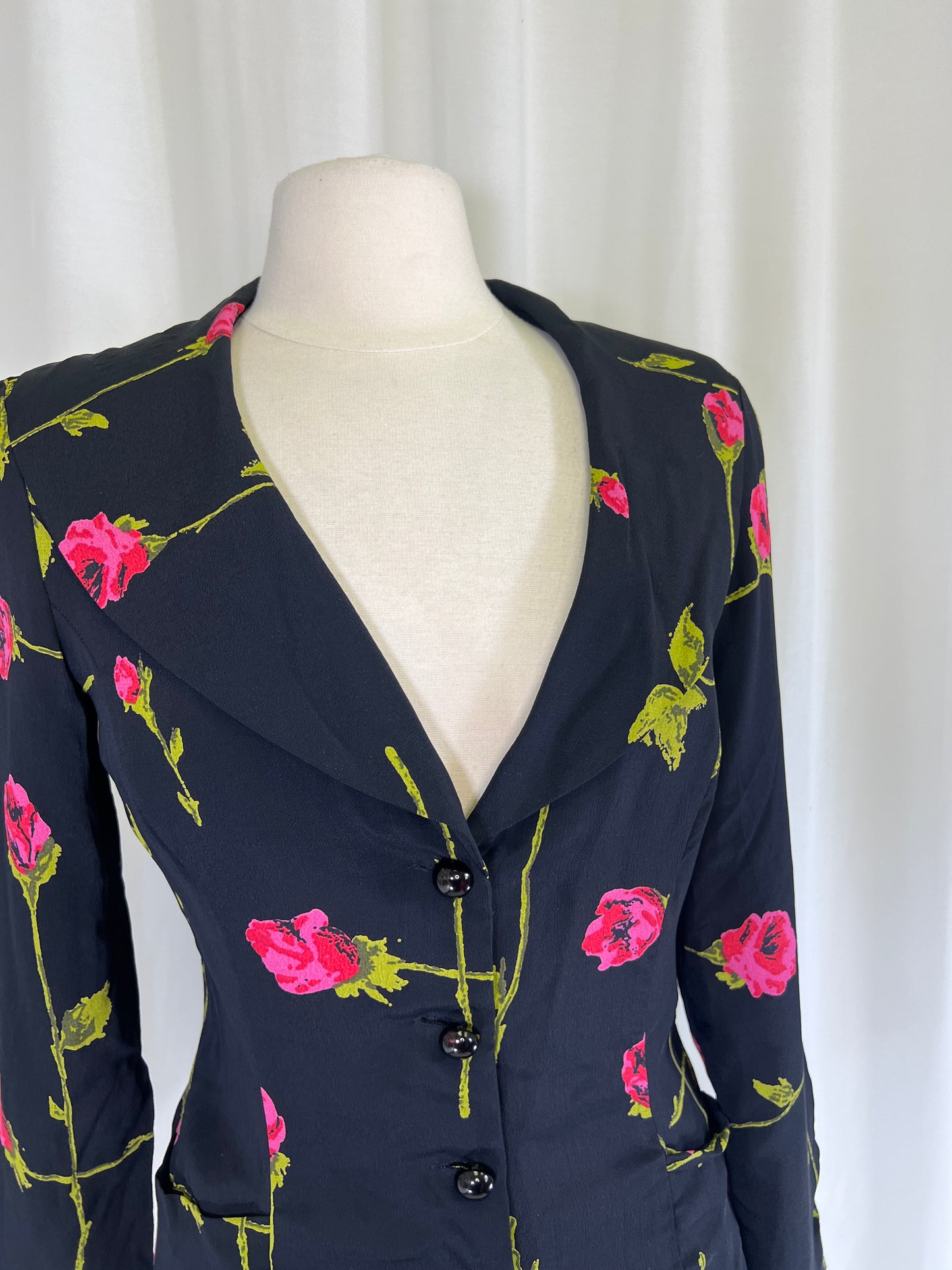 90s Betsey Johnson Long Stem Red Roses Print Mini Dress and Jacket Set