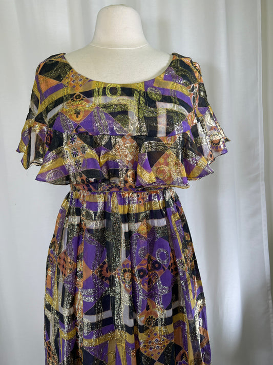 60's Malcom Starr Gold and Purple Psychedelic Lamé Mini Dress