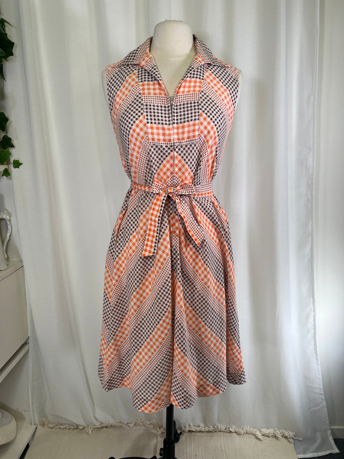 60s Brown and Orange Gingham Chevron House Dress