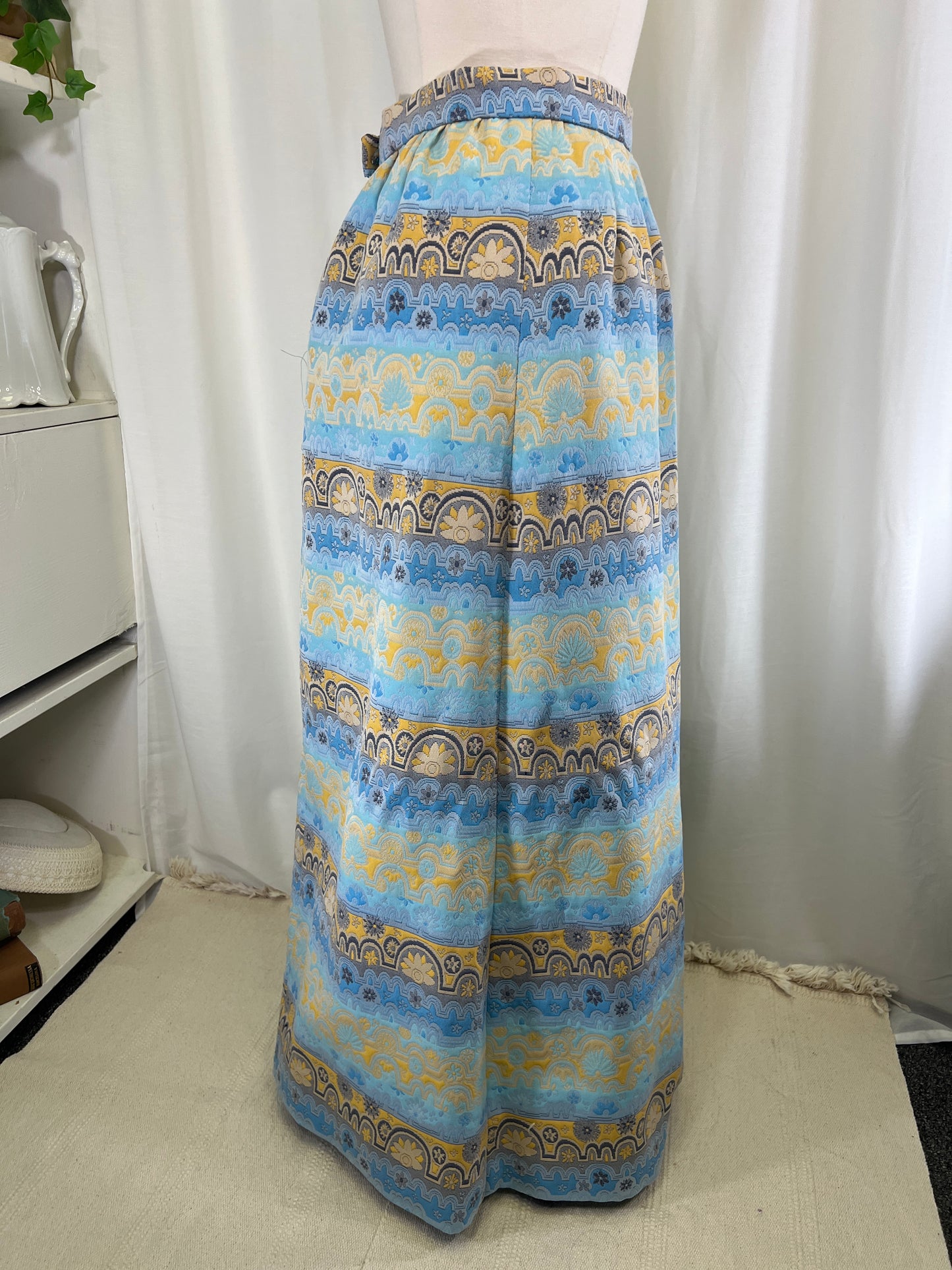 60s Blue and Yellow Abstract Sunny Floral Maxi Skirt