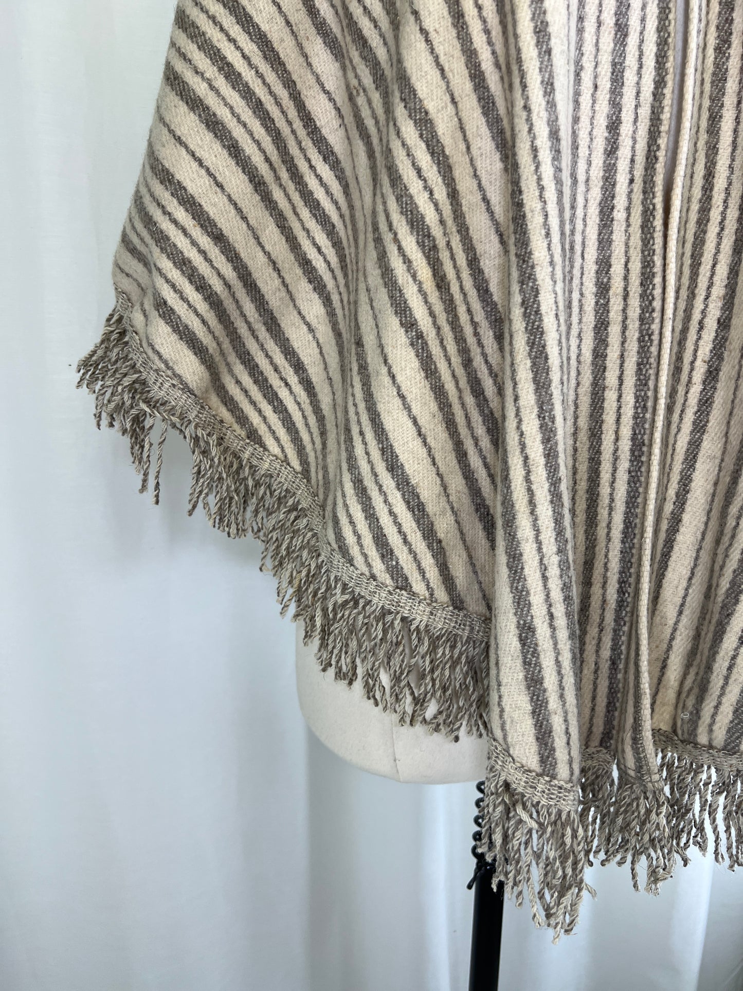 70s Cream and Grey Striped Round Wool Cape Poncho