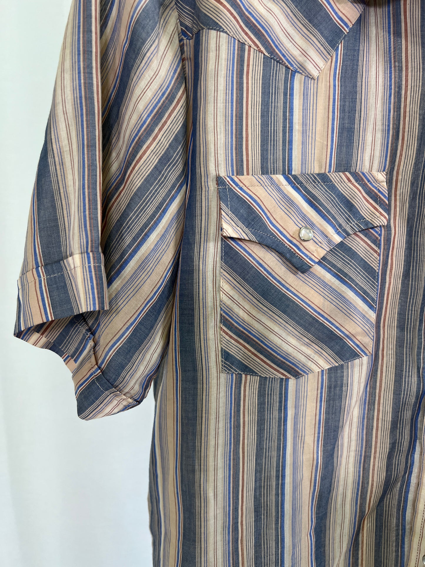 80s Ely Cattleman Brown and Blue Striped Pearl Snap Western Shirt