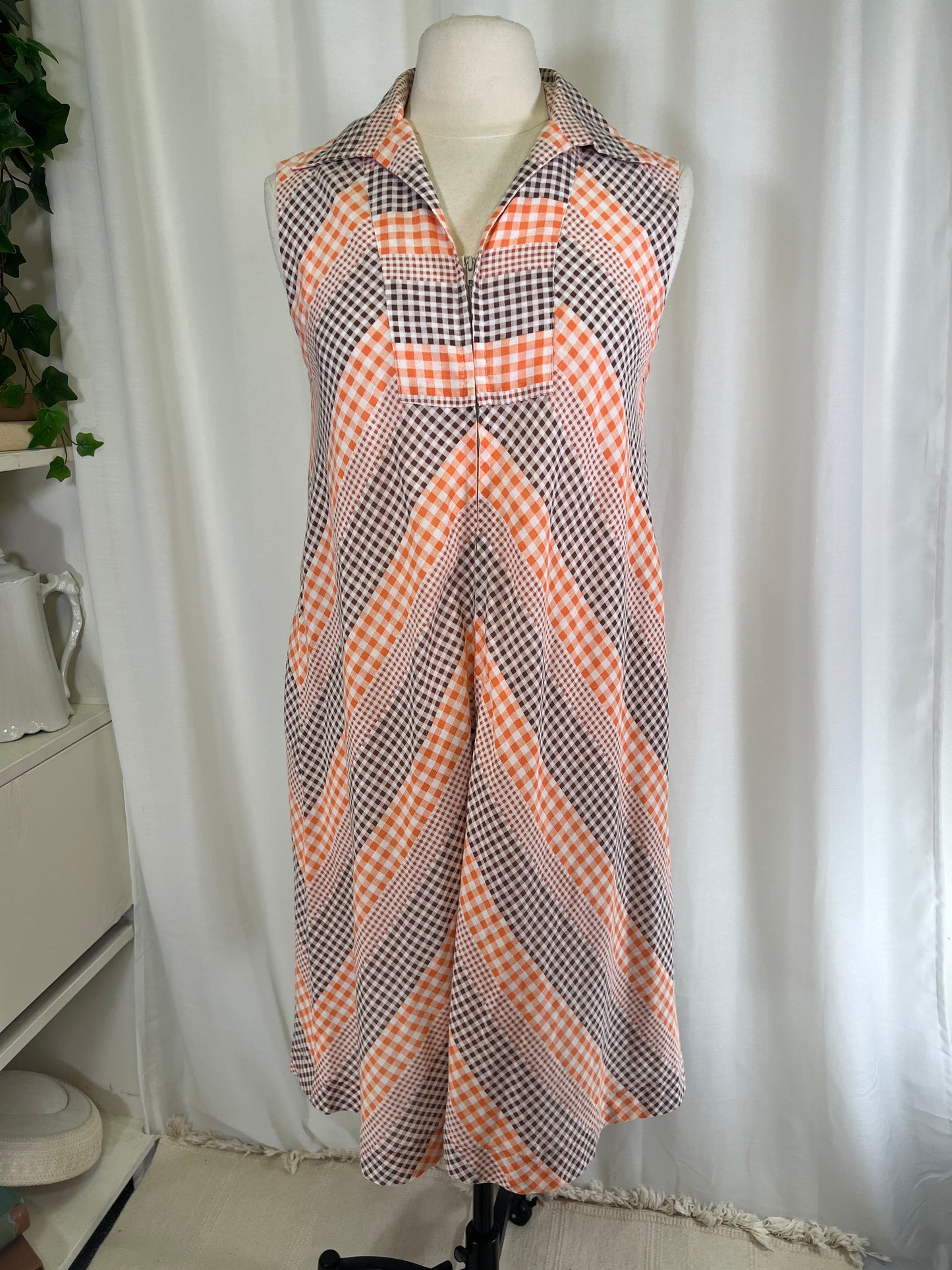 60s Brown and Orange Gingham Chevron House Dress