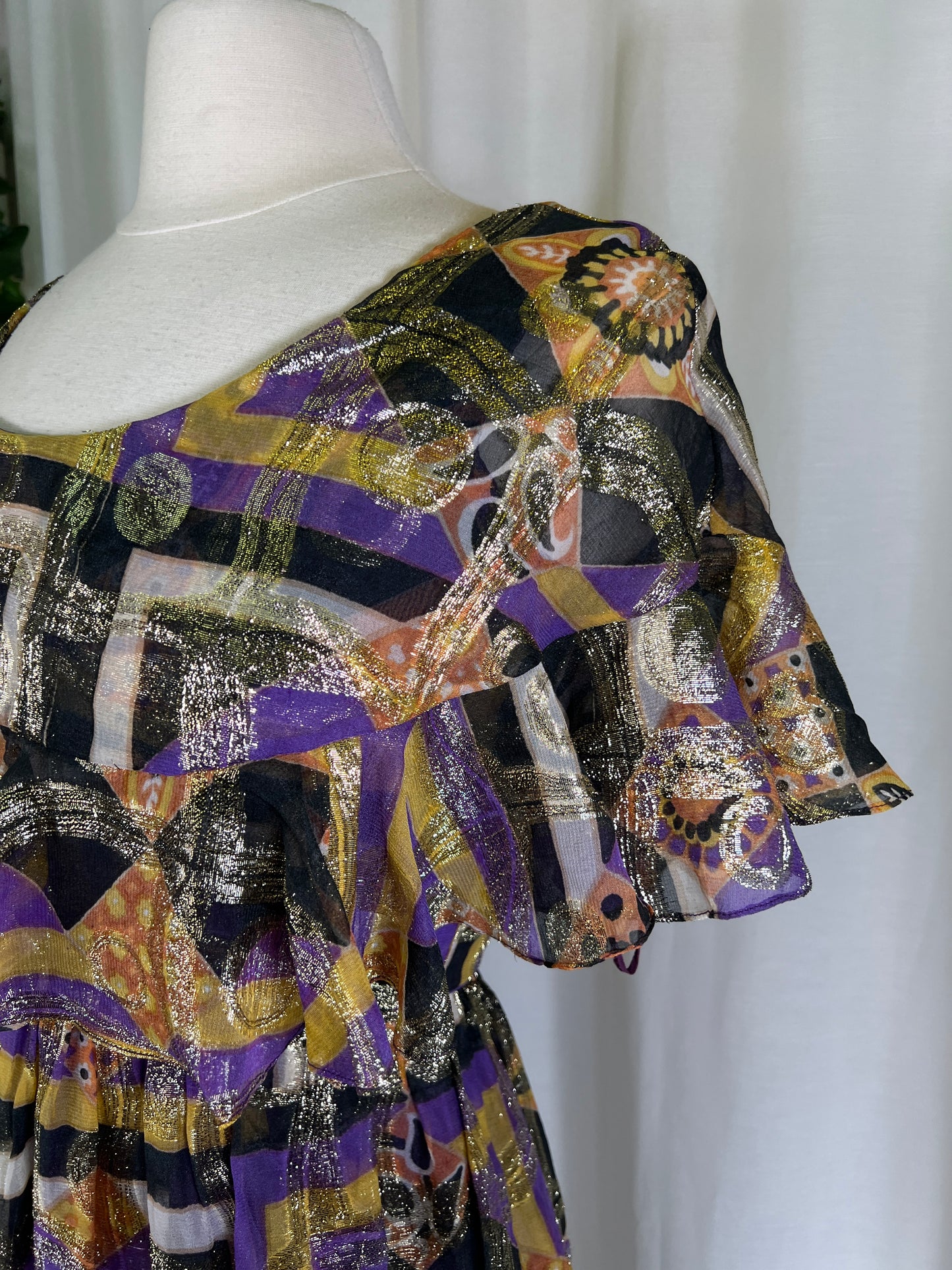 60's Malcom Starr Gold and Purple Psychedelic Lamé Mini Dress