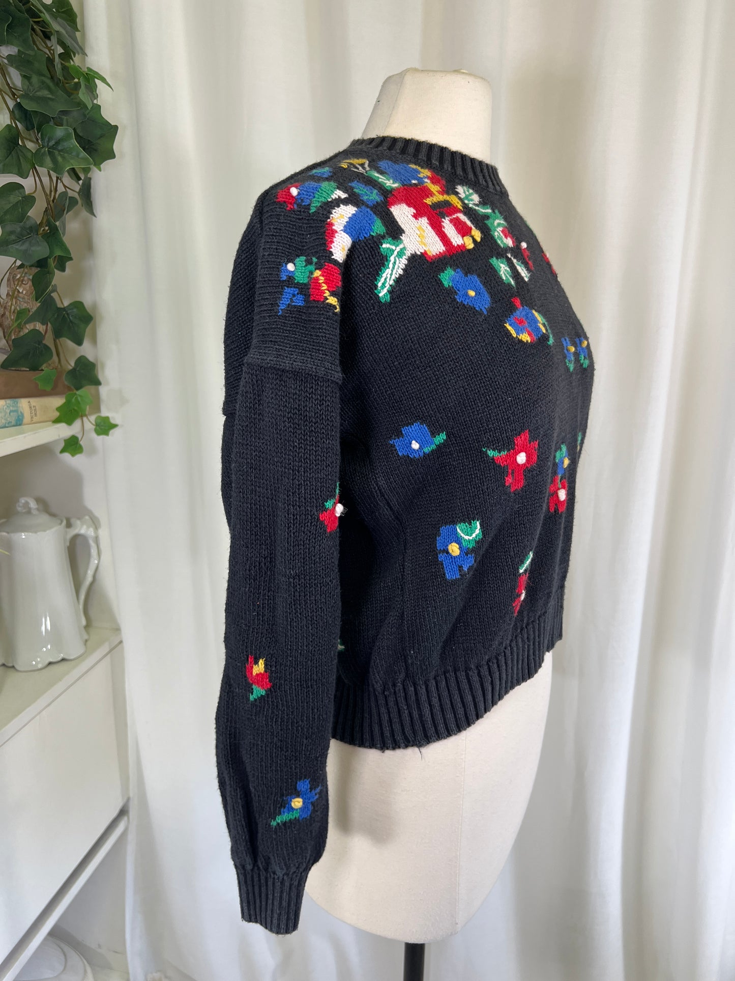 90s Chaus Petites Black Floral Sweater