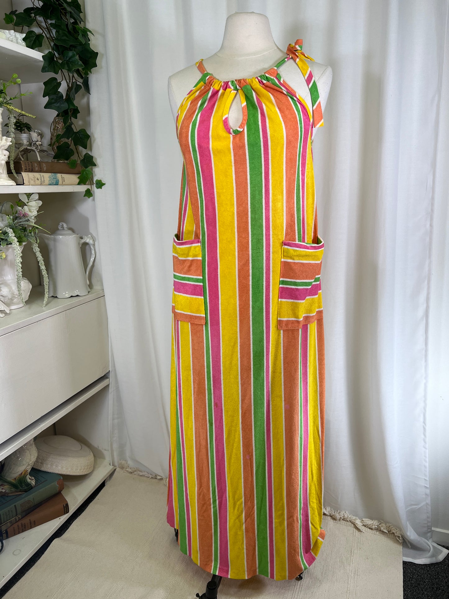 70s Terry Cloth Style Rainbow Candy Striped Maxi Dress