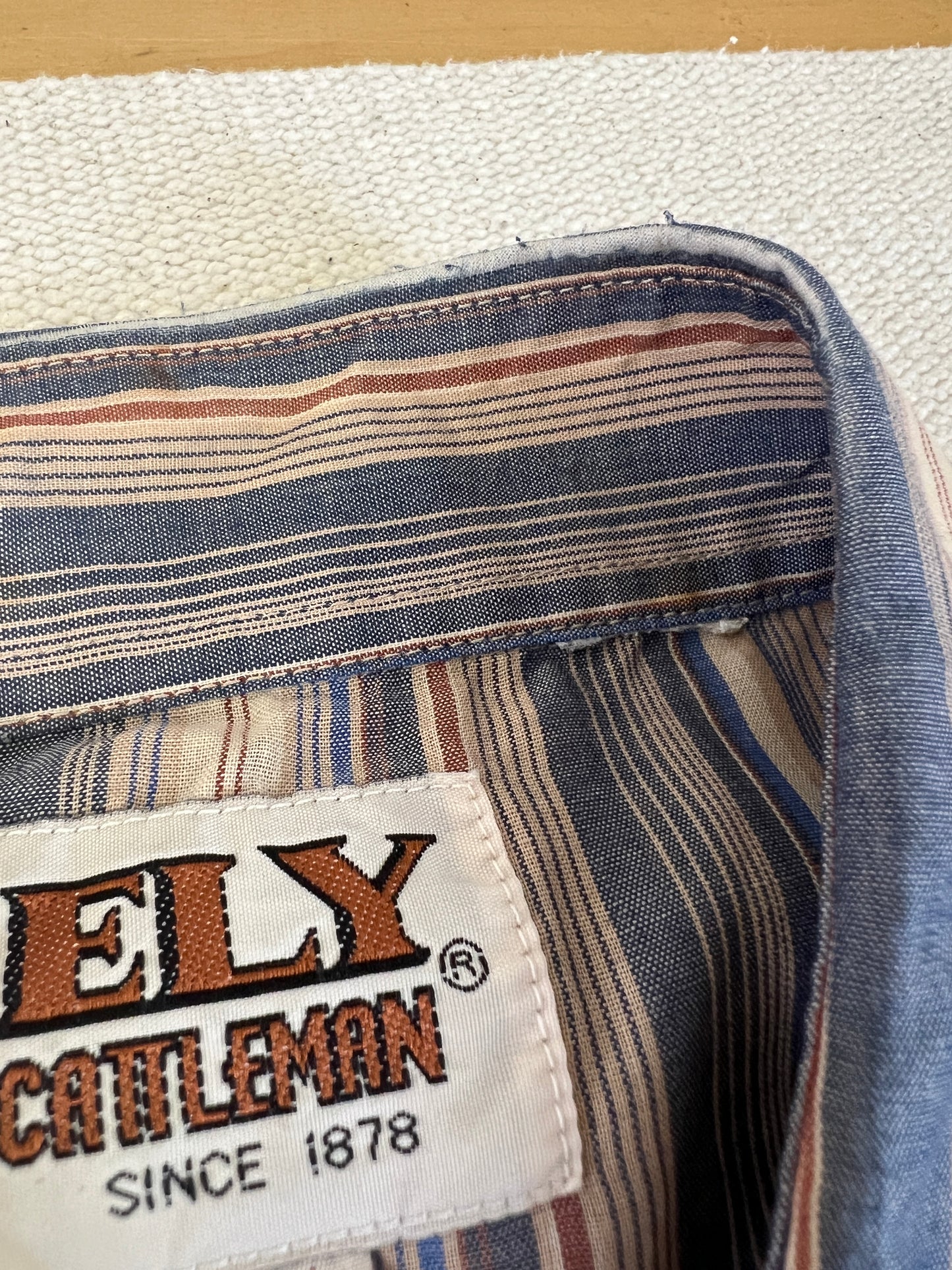 80s Ely Cattleman Brown and Blue Striped Pearl Snap Western Shirt