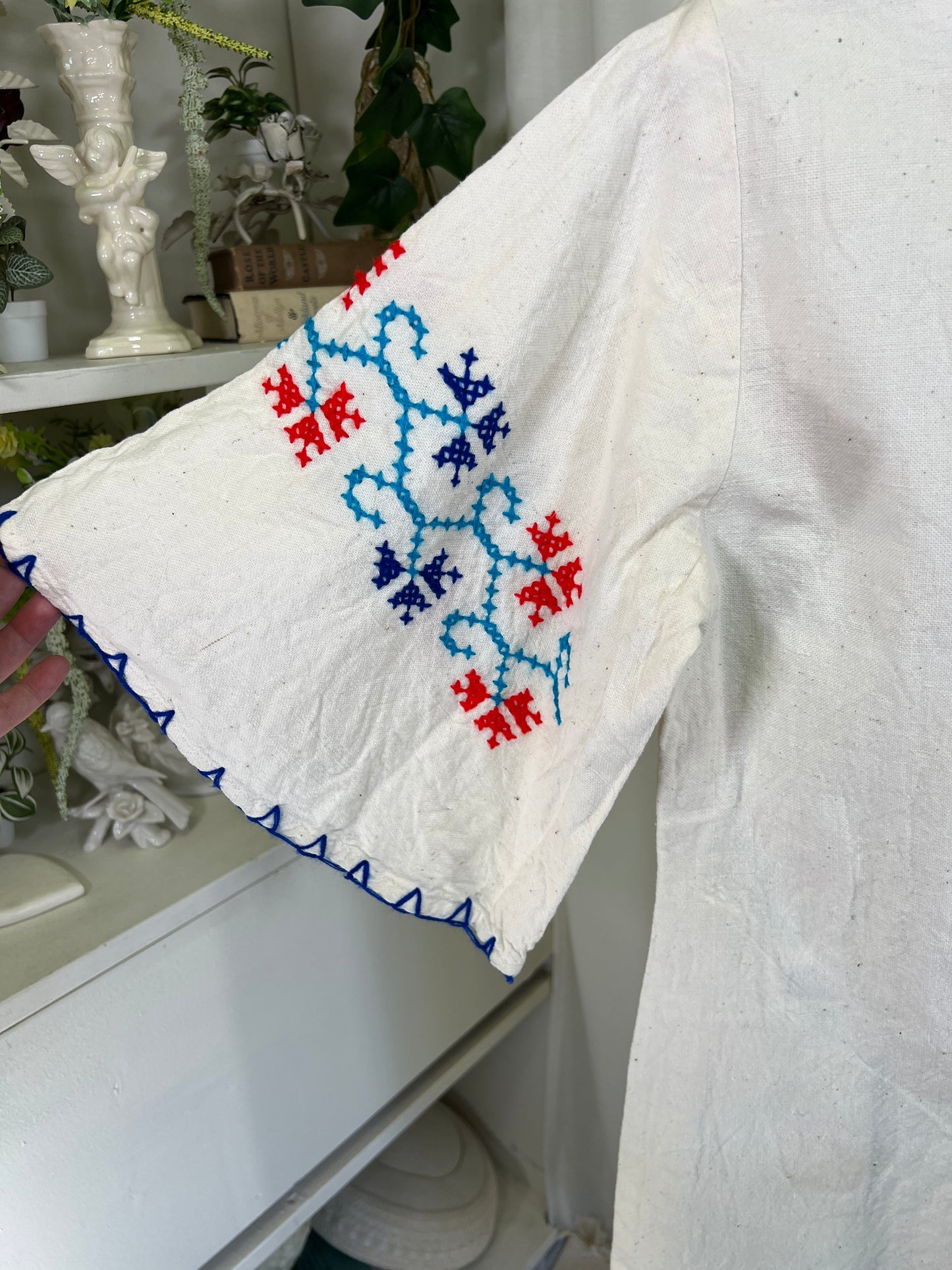 60s Red White and Blue Cross-stitched Bell Sleeved Dress