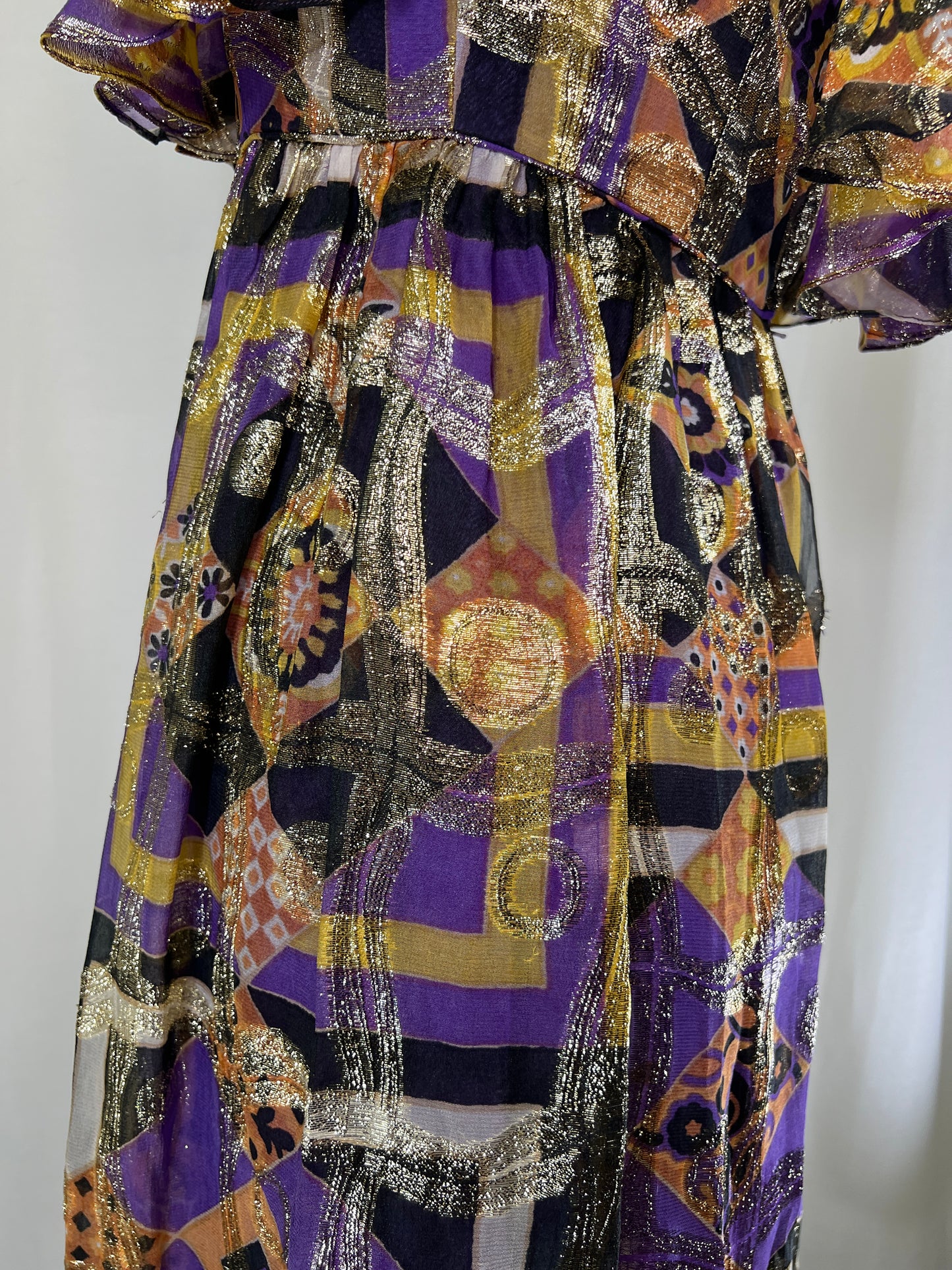 60's Malcom Starr Gold and Purple Psychedelic Lamé Mini Dress