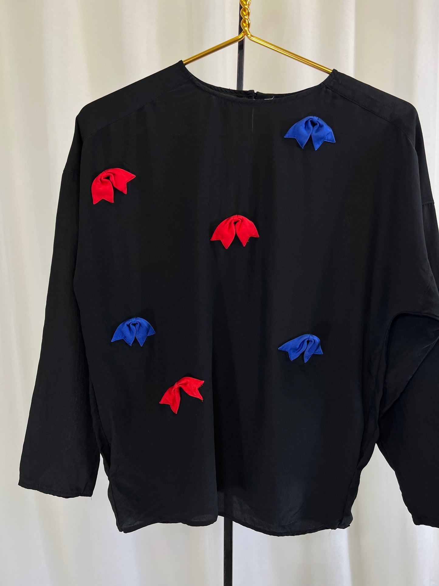 80s Silk Black Blouse with Red and Blue Bow Appliqués