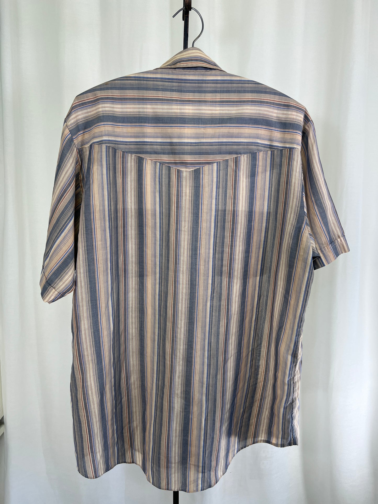 80s Ely Cattleman Brown and Blue Striped Pearl Snap Western Shirt