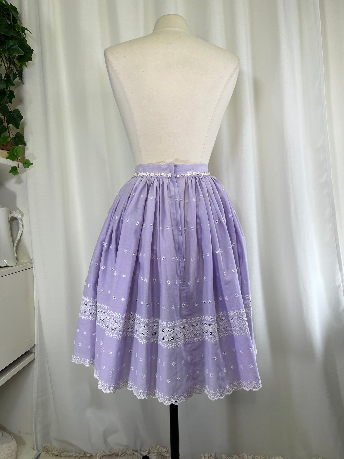 60s Lavender and White Florals Embroidered Circle Skirt