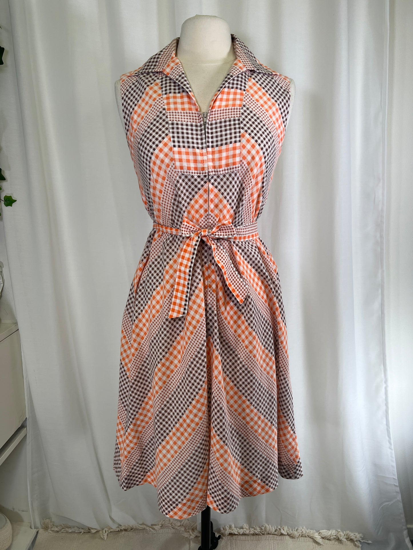 60s Brown and Orange Gingham Chevron House Dress