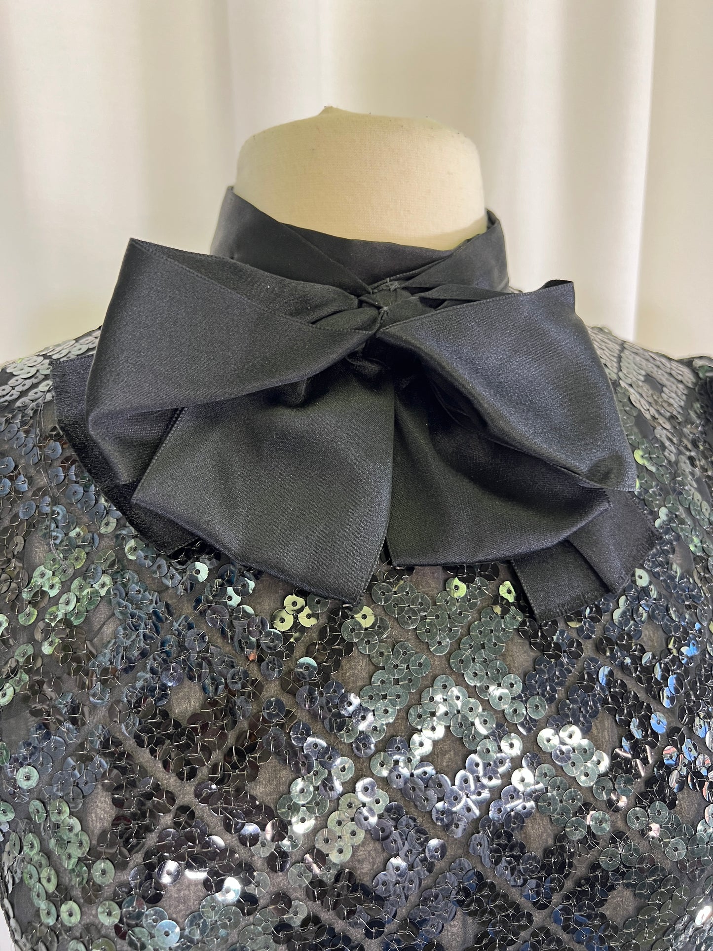 70s Amelia Gray Black Sequined Sheer Bow Neck Midi Dress