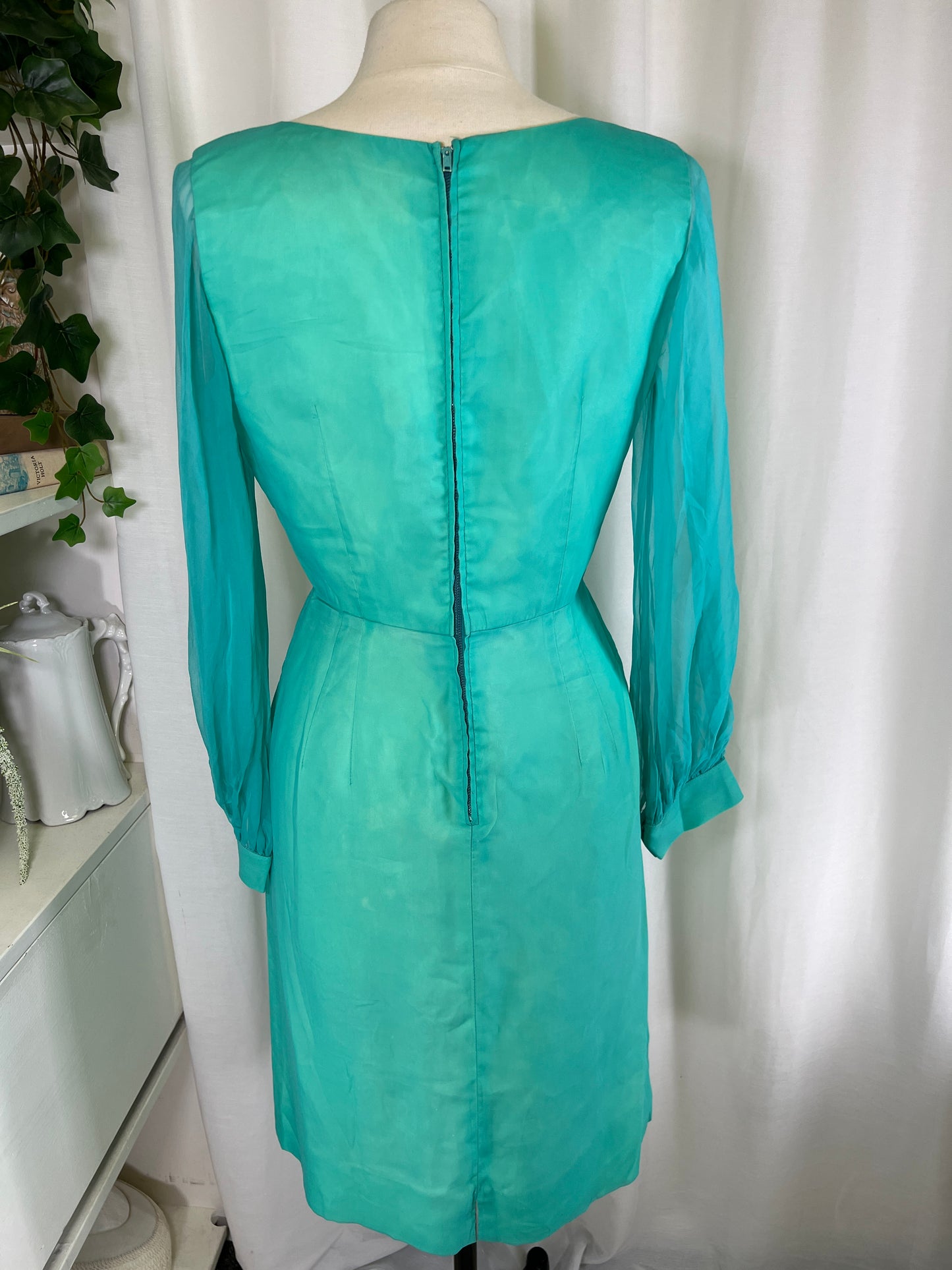 60s Aqua Sheer Sleeved Mini Party Dress