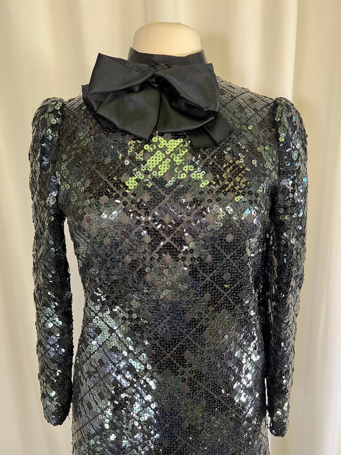 70s Amelia Gray Black Sequined Sheer Bow Neck Midi Dress