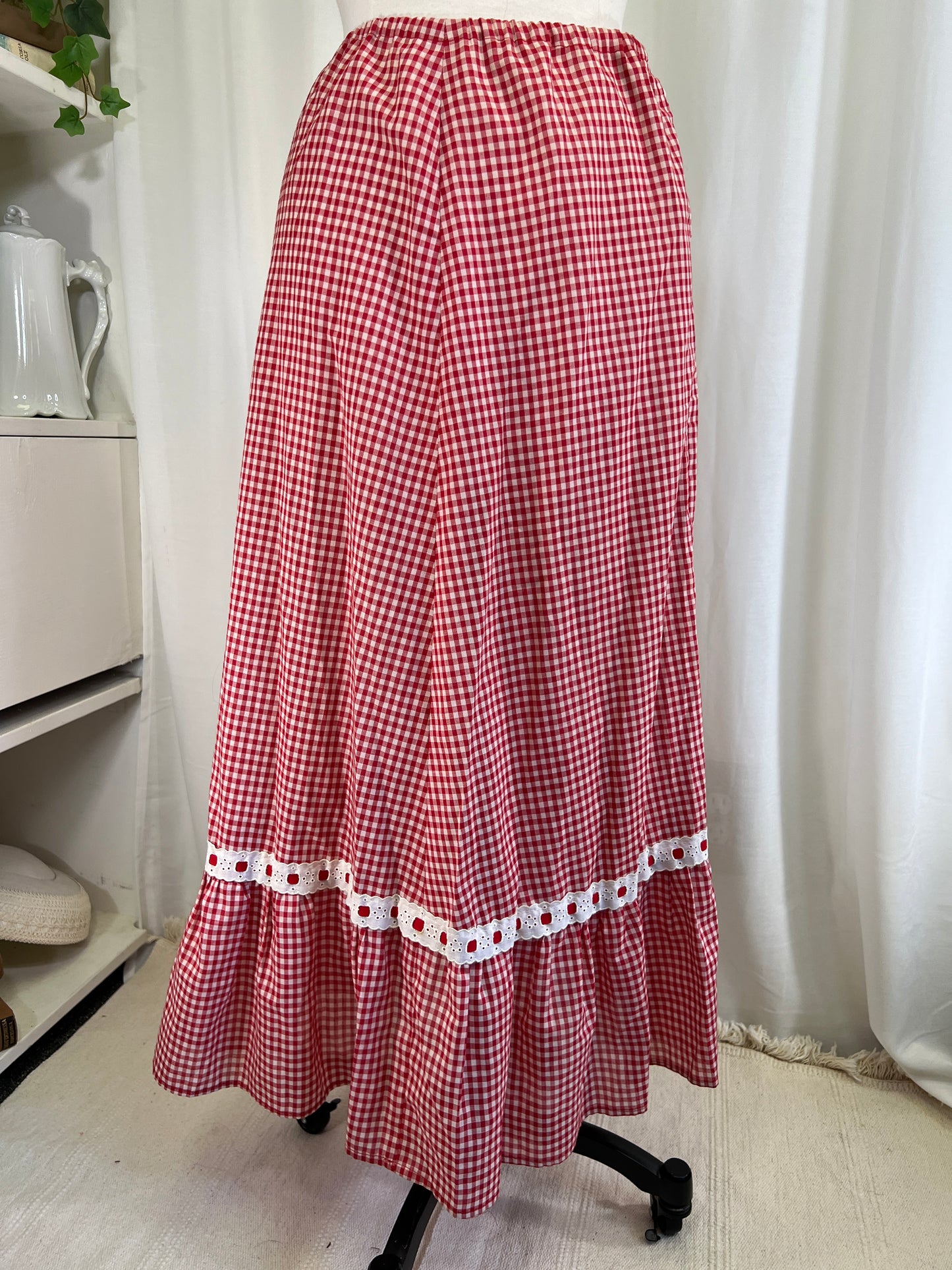 70s Red Gingham and Bows Maxi Skirt