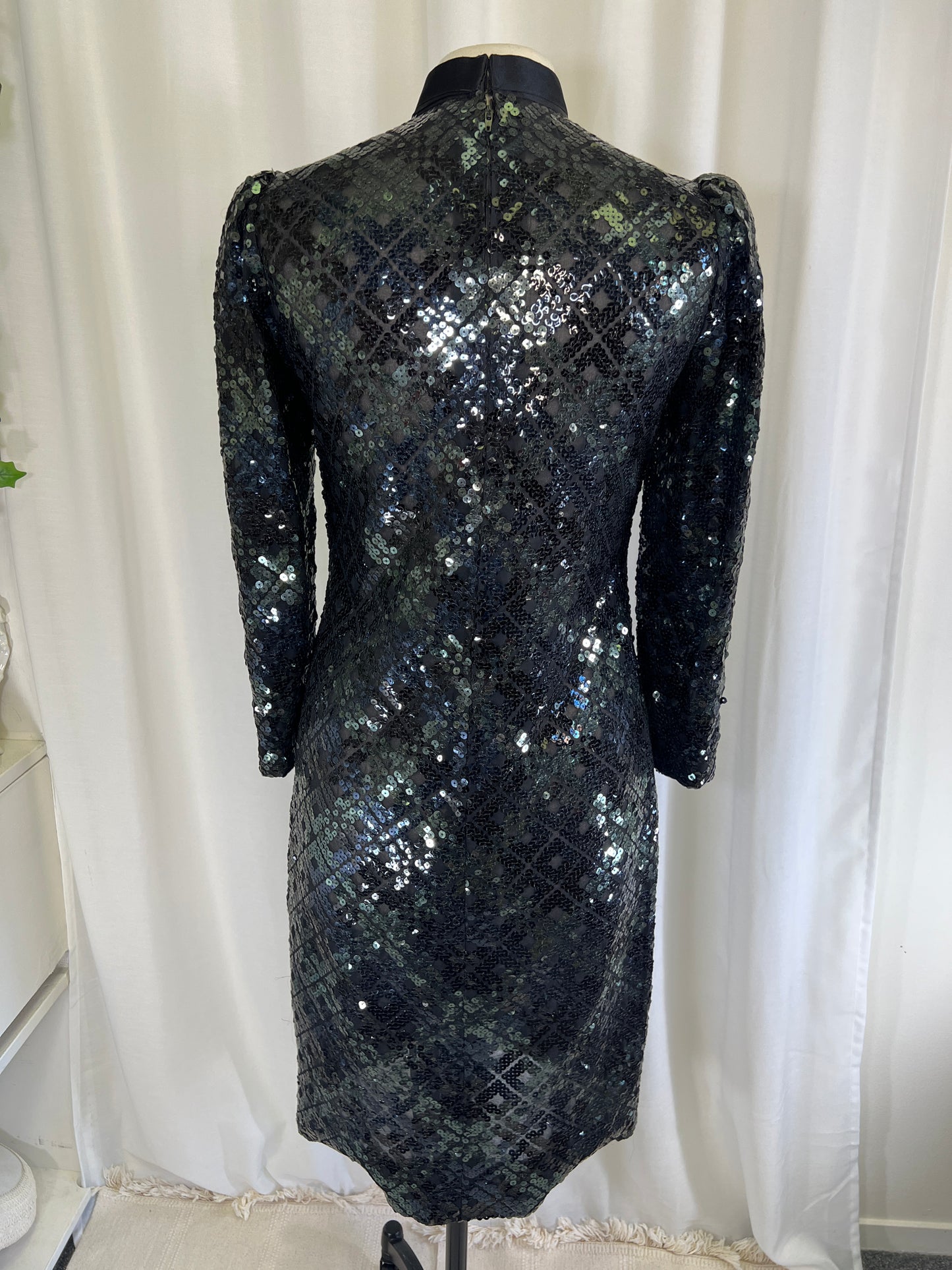 70s Amelia Gray Black Sequined Sheer Bow Neck Midi Dress