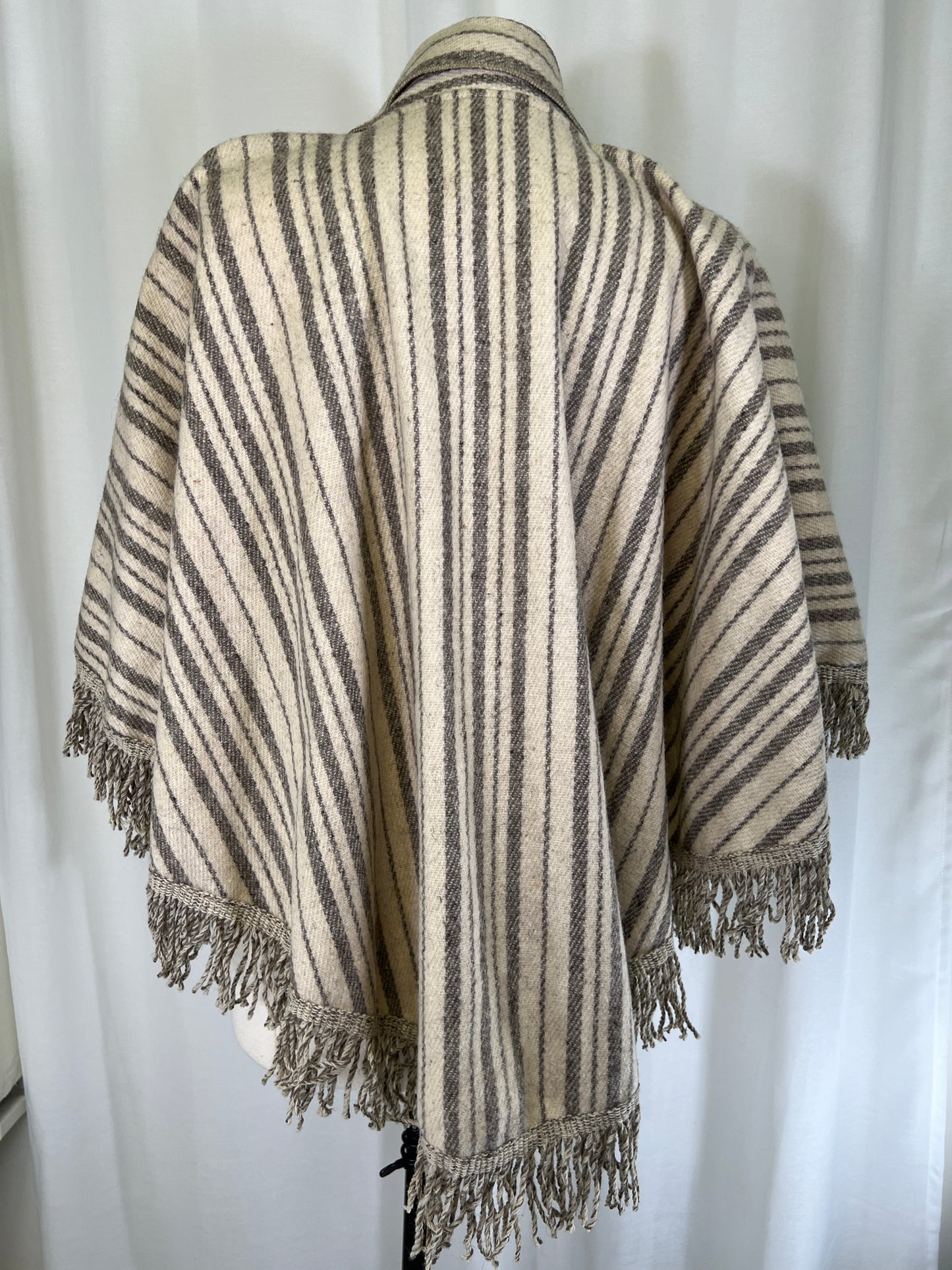 70s Cream and Grey Striped Round Wool Cape Poncho