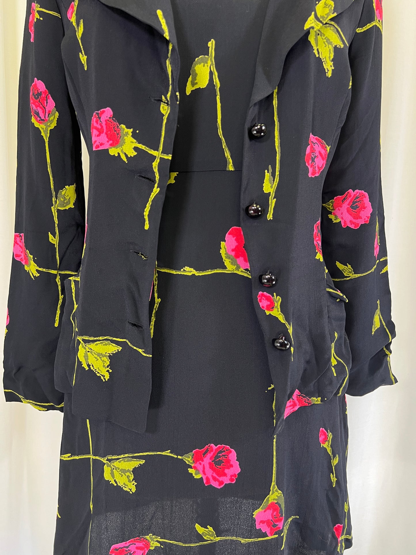 90s Betsey Johnson Long Stem Red Roses Print Mini Dress and Jacket Set