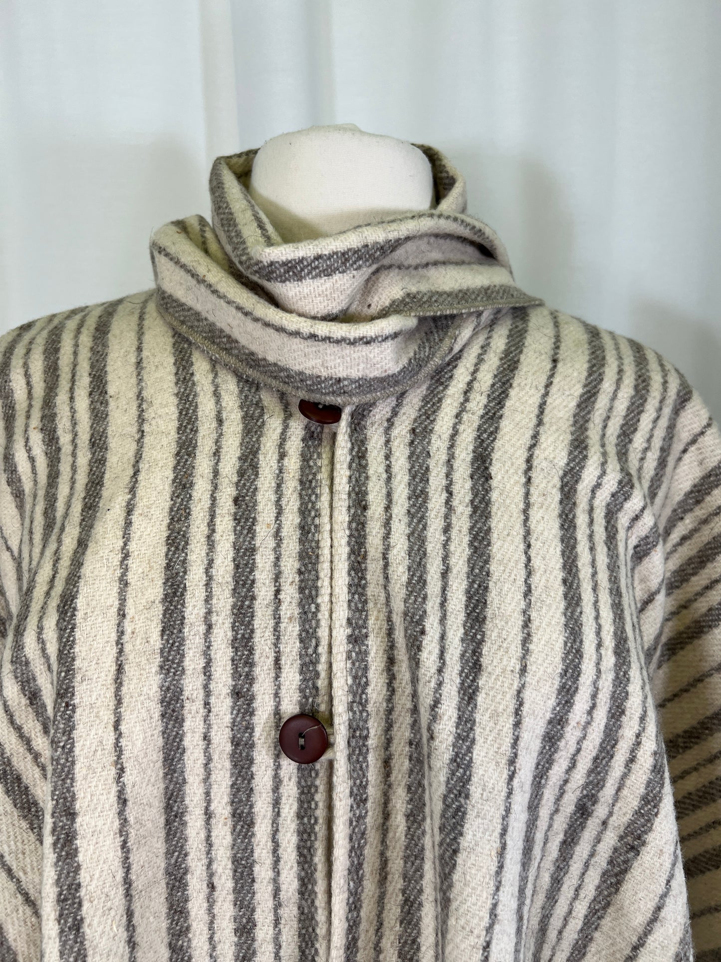 70s Cream and Grey Striped Round Wool Cape Poncho