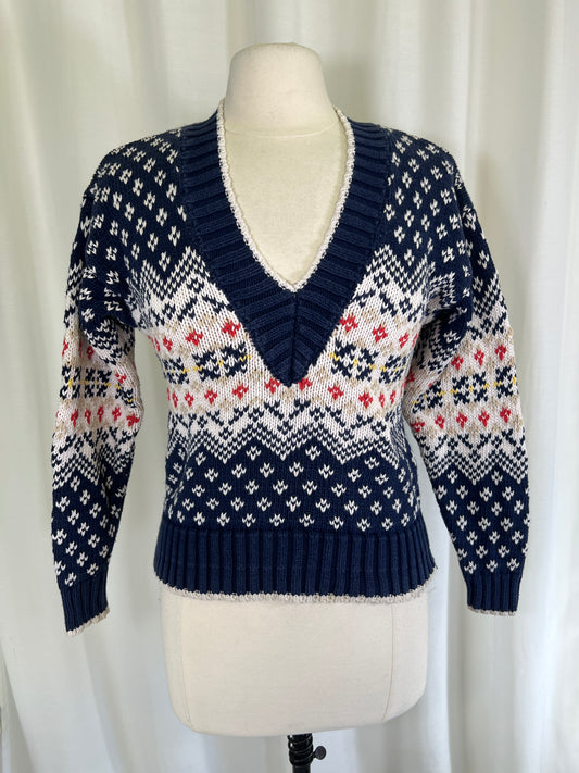 90s Liz Sport Blue Nordic Patterned V-Neck Sweater