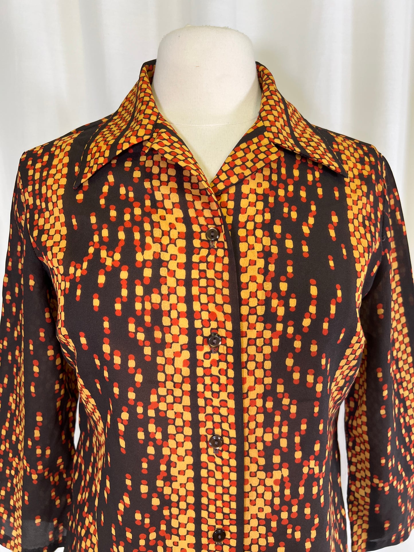 70s Alex Colman Abstract Brown and Orange Dagger Collar Blouse