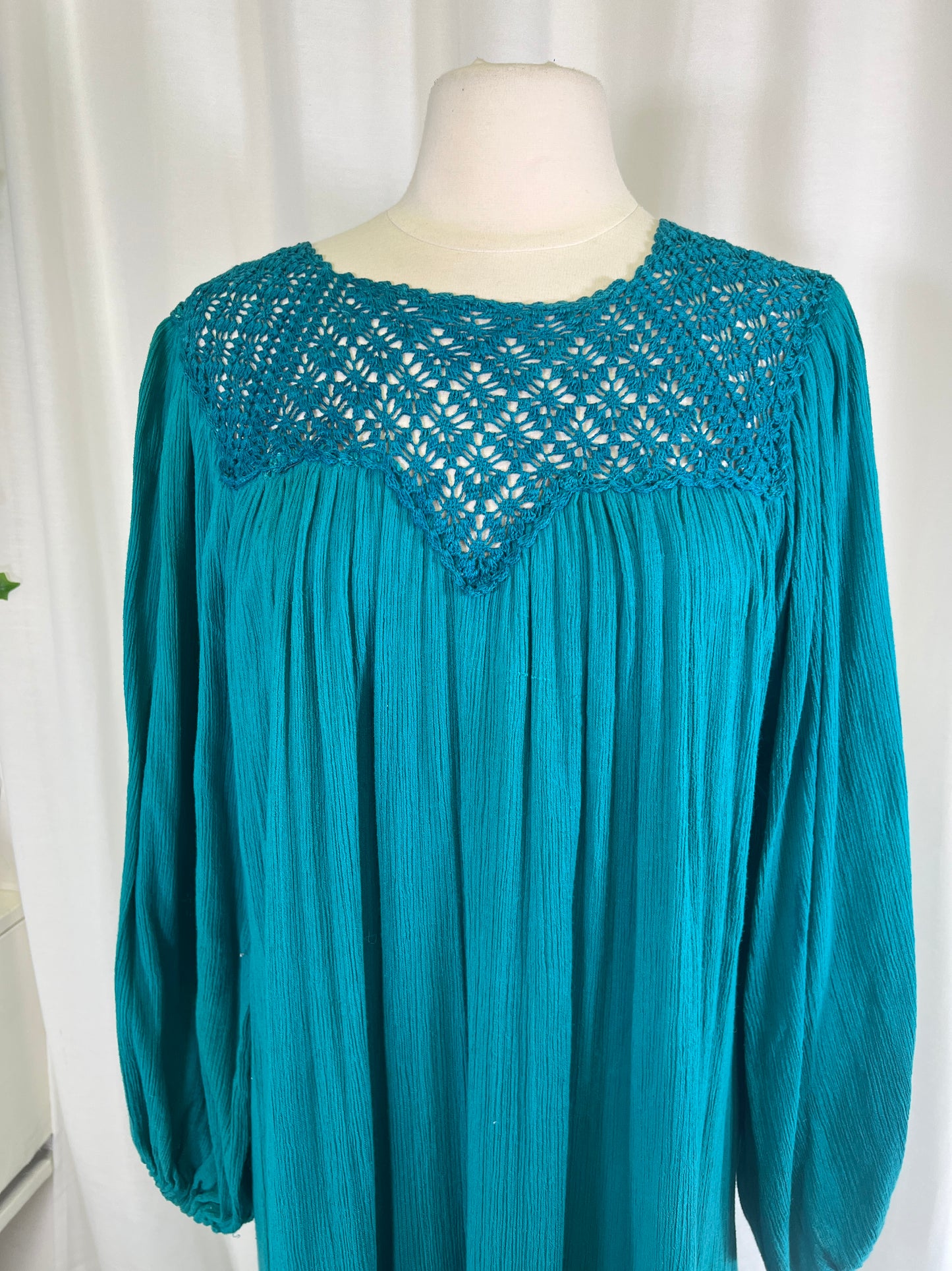 70s Teal Bila Crochet Top Cotton Gauze Maxi Dress