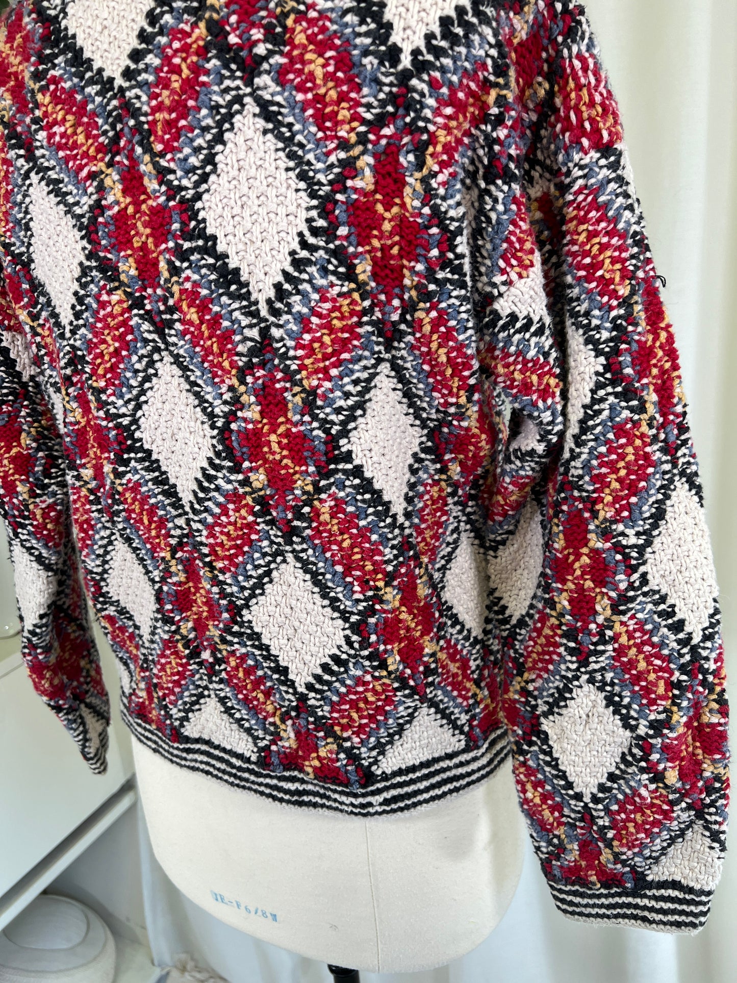 90s Express Tricot Raime Cotton Blend Red and Cream Diamond Print Sweater