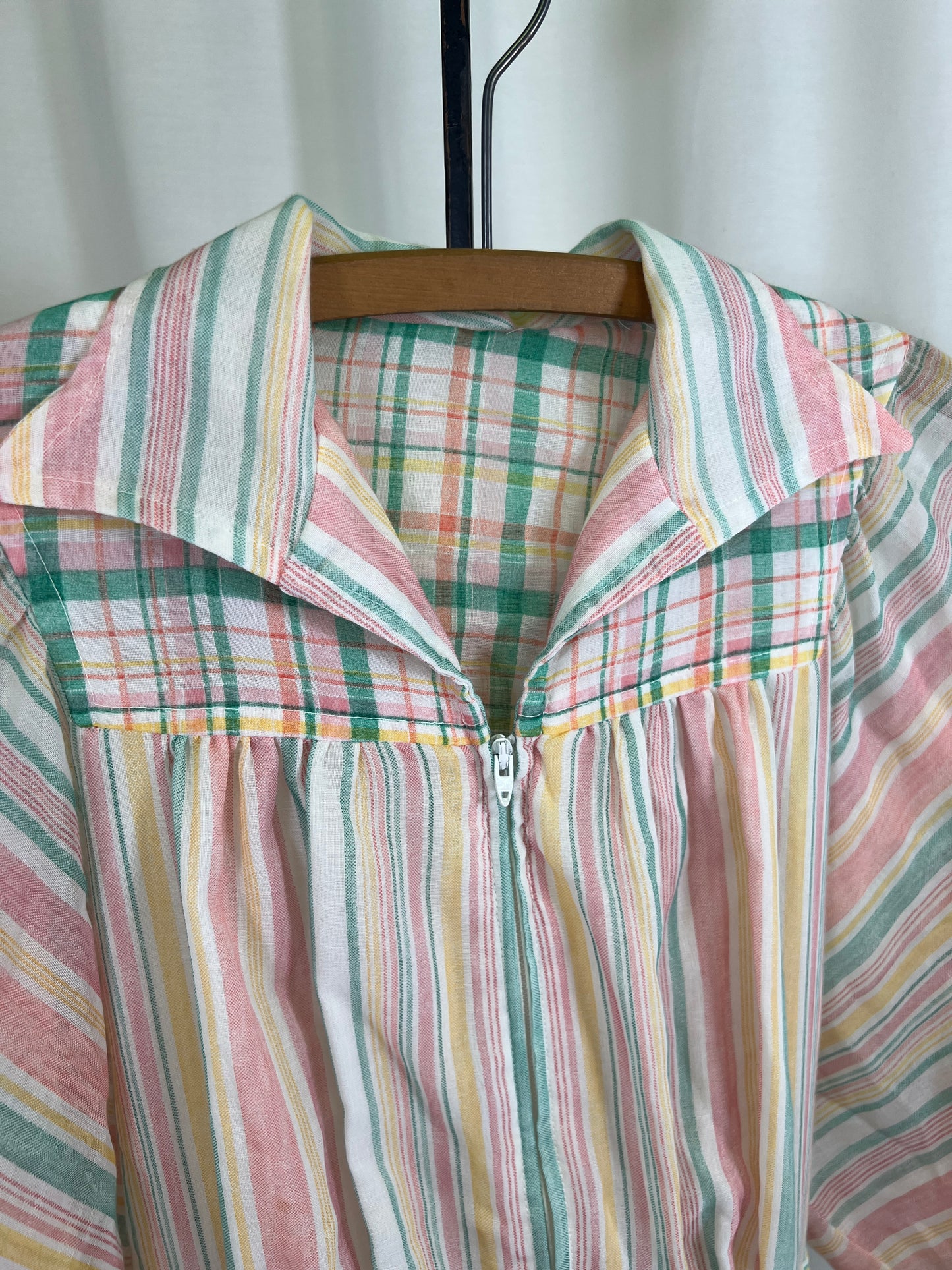 70s Pastel Stripes and Plaids Puffy Dolman Sleeve Mini Dress