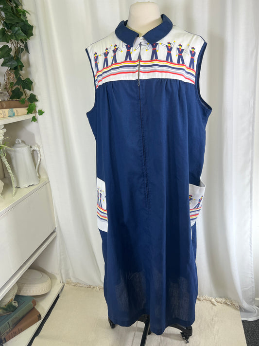 70s Navy Blue Sailor Print Zipper Front House Dress