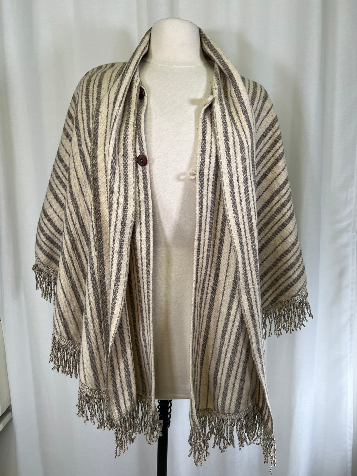 70s Cream and Grey Striped Round Wool Cape Poncho