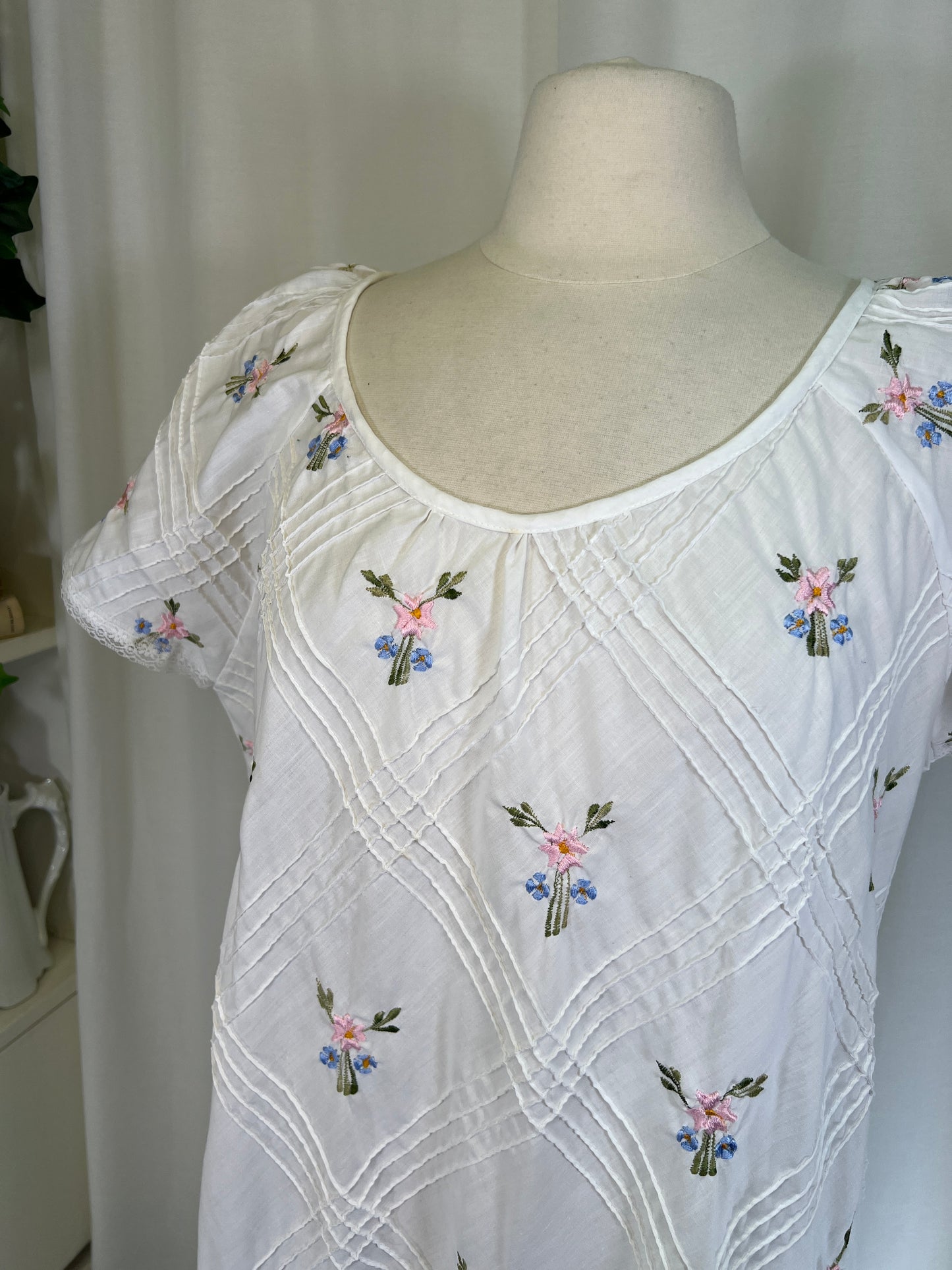 70s Floral Embroidery and Pintucks White Sundress