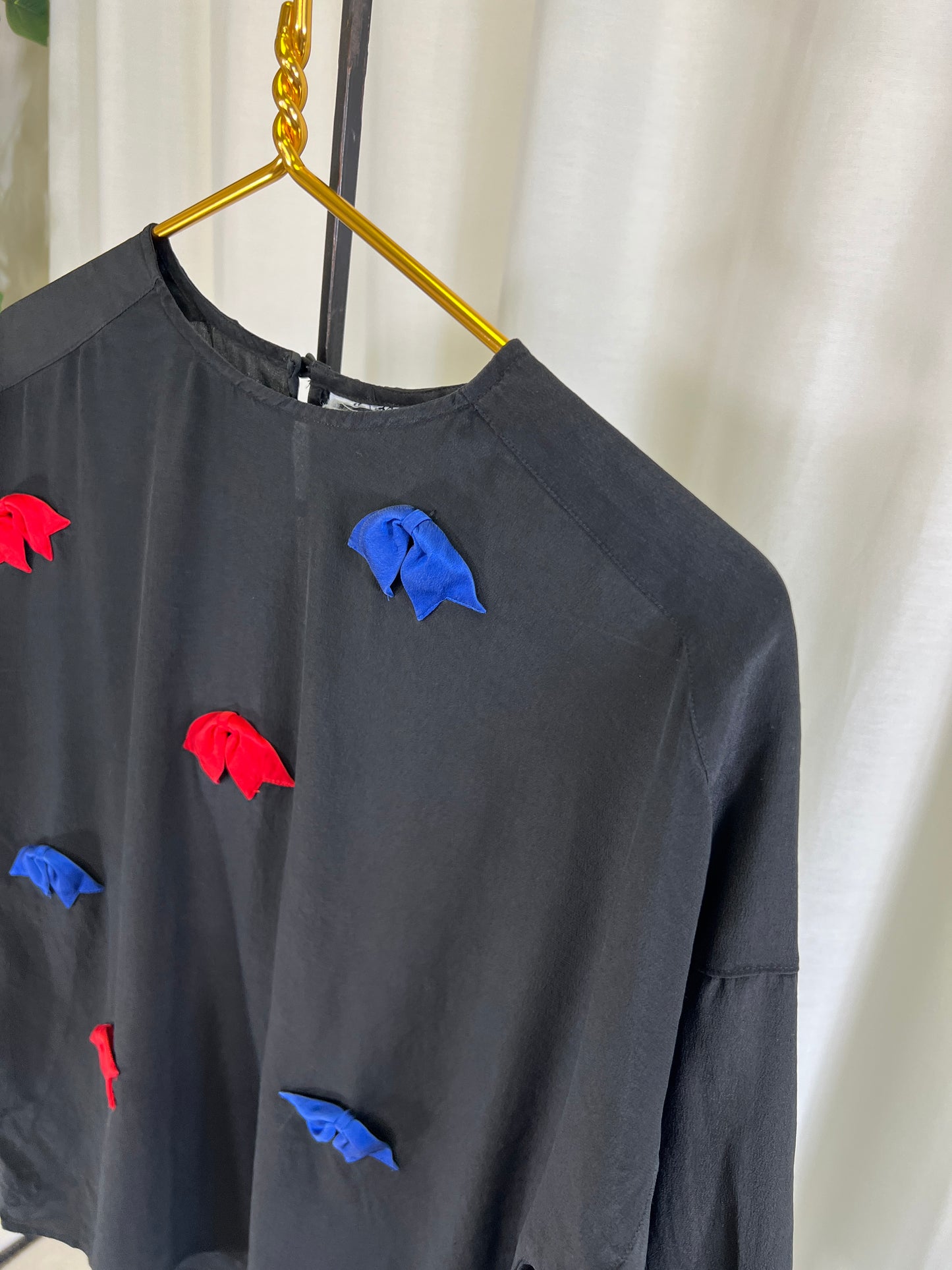 80s Silk Black Blouse with Red and Blue Bow Appliqués