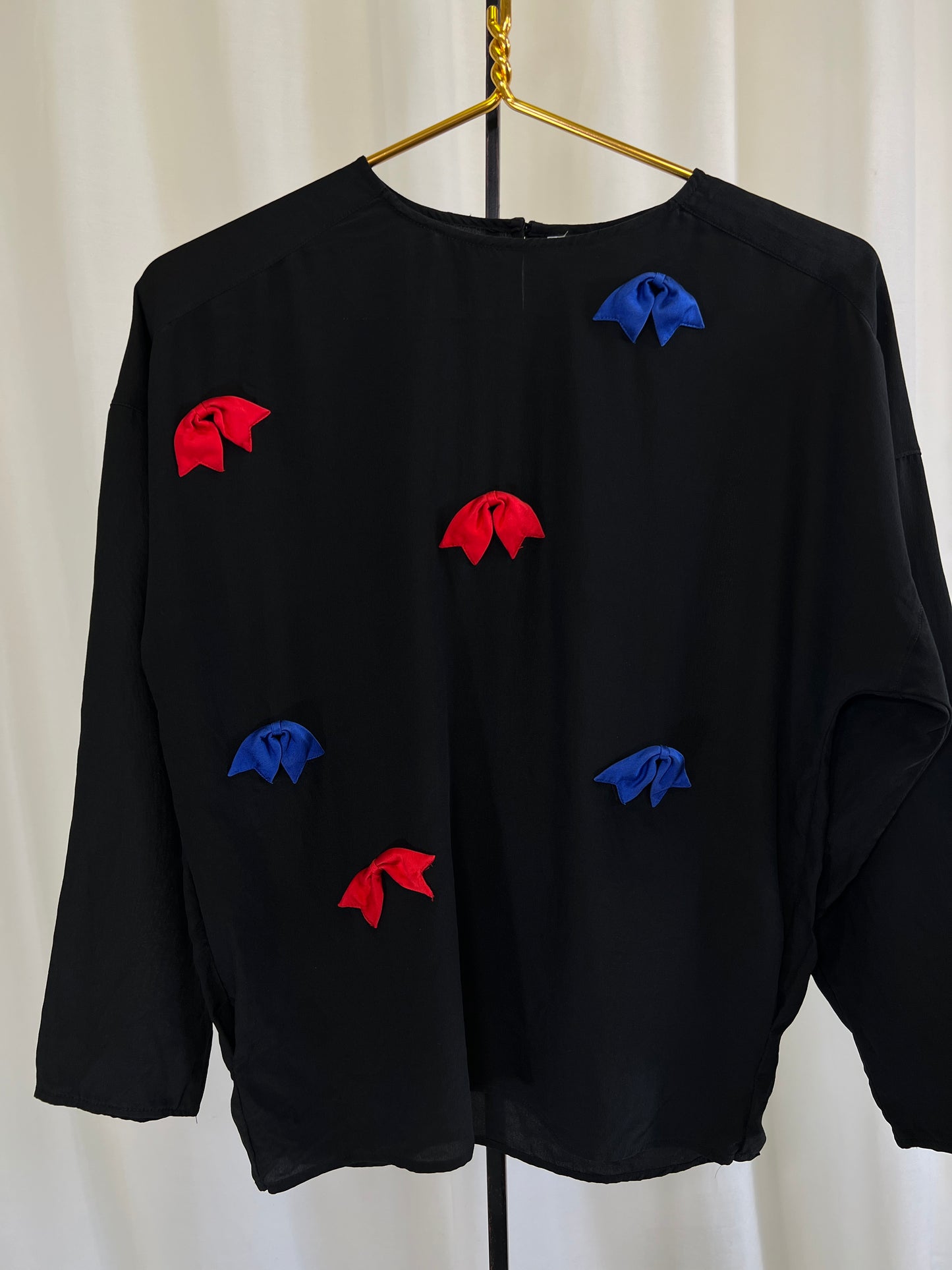 80s Silk Black Blouse with Red and Blue Bow Appliqués