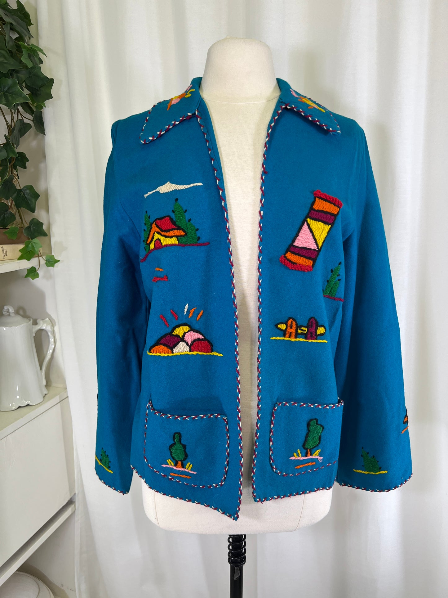 50s Blue Embroidered Amex Wool Mexican Souvenir Jacket