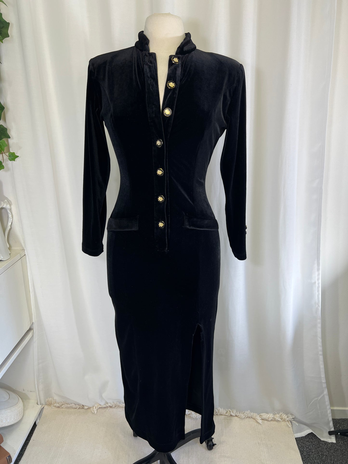 80s Sabrina International Black Velvet Bodycon Dress with Floral Buttons