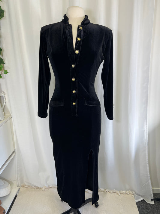 80s Sabrina International Black Velvet Bodycon Dress with Floral Buttons