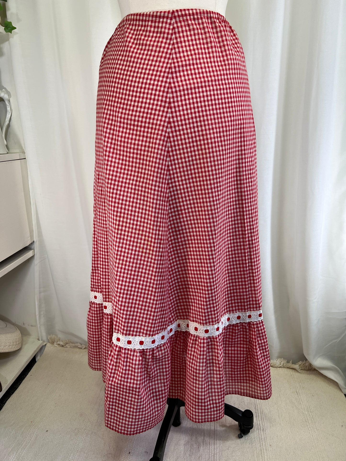 70s Red Gingham and Bows Maxi Skirt