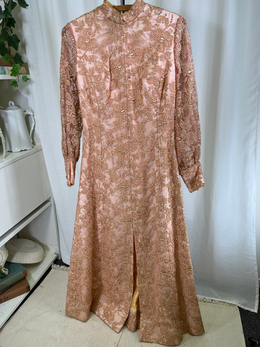 60s Handmade Pink and Gold Lamé Floral Embroidered Maxi Gown