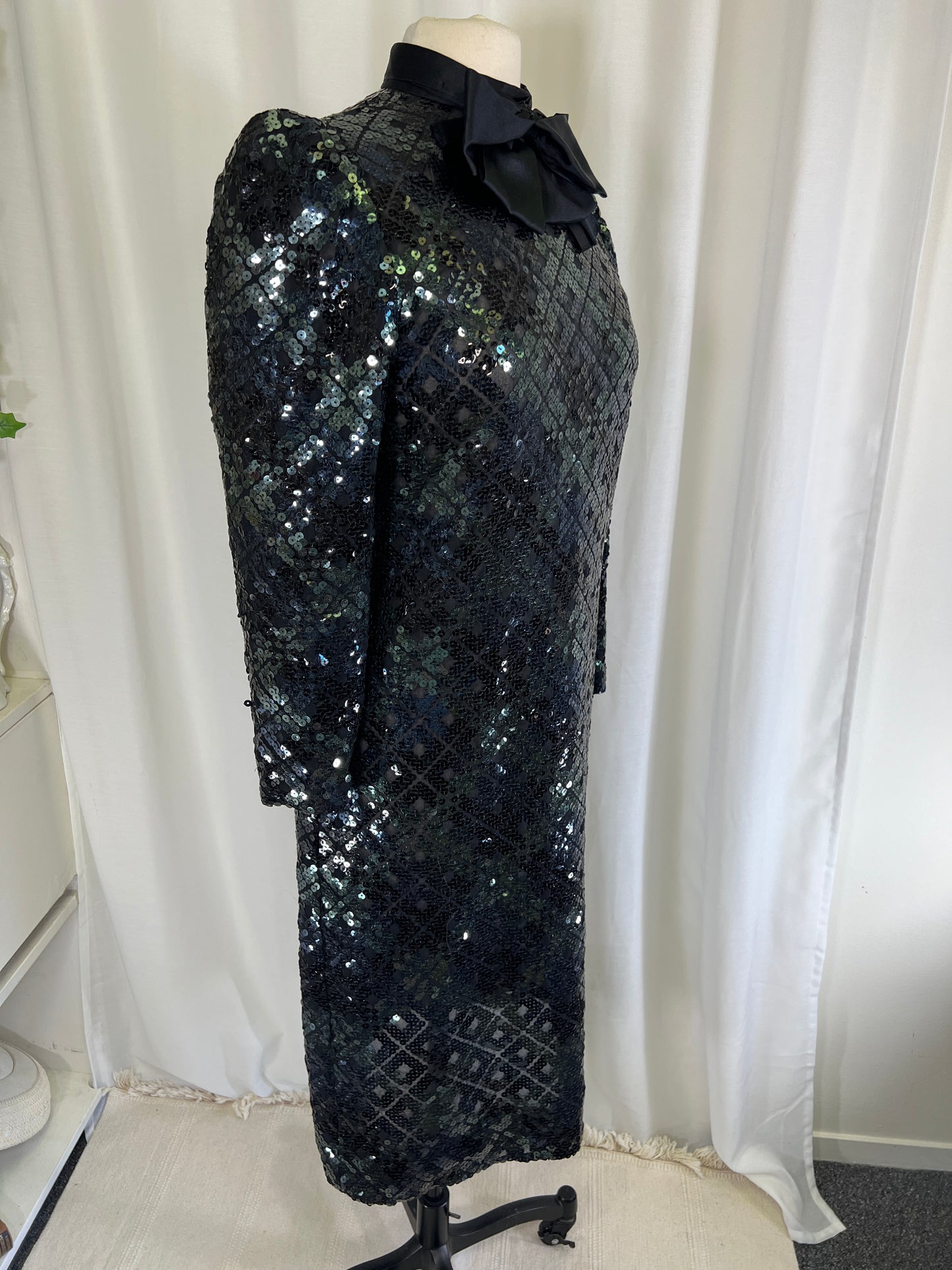 70s Amelia Gray Black Sequined Sheer Bow Neck Midi Dress