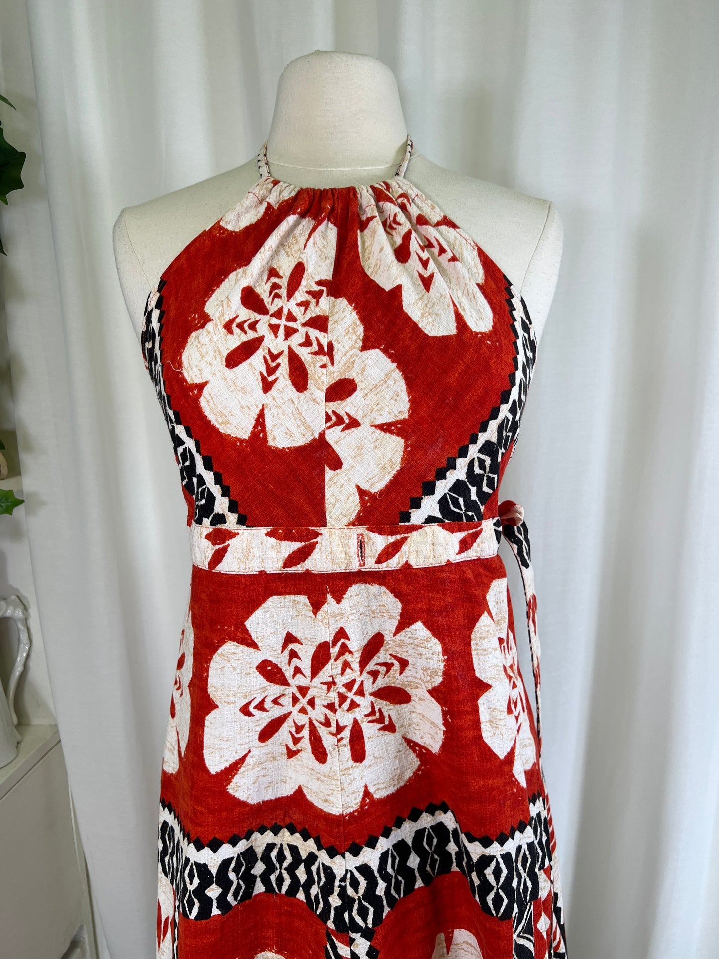 70s Hawaiian Print Halter Neck Red Wrap Dress