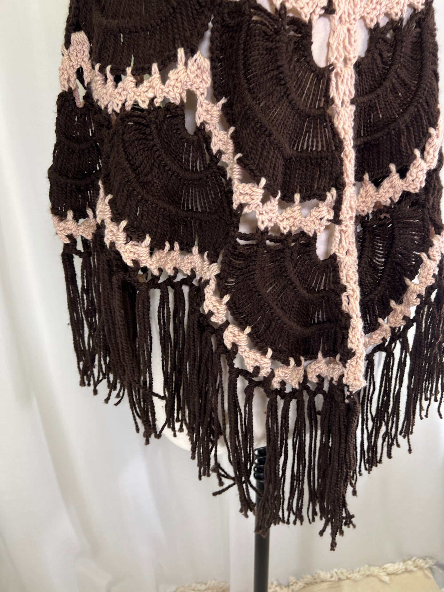 70s Cream and Brown Crochet Fringed Poncho