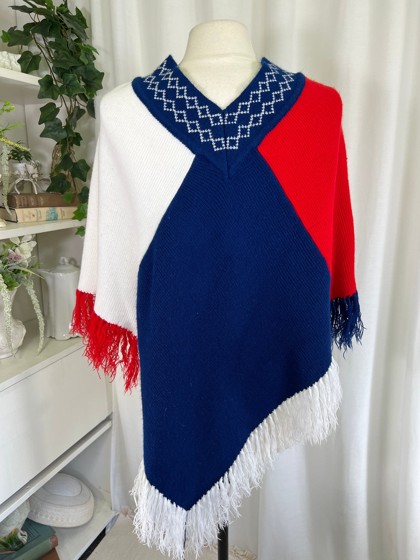 70s Fine Import Red White and Blue Fringed Poncho