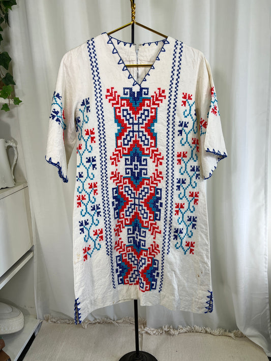 60s Red White and Blue Cross-stitched Bell Sleeved Dress